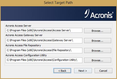 Note: If you're deploying multiple Acronis Access servers, or you are installing a non-standard configuration, you can select which components to install from the Custom Install button. 7.