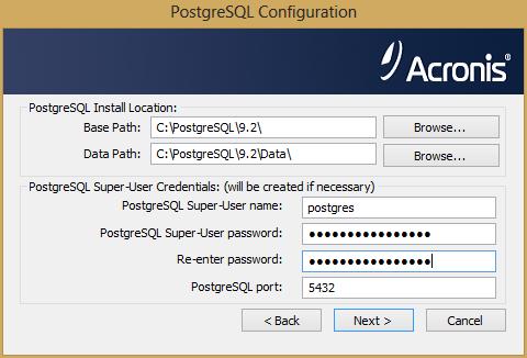 This password will be needed for database backup and recovery. Note: You cannot currently select a folder with a whitespace for the PostgreSQL Data folder. e.