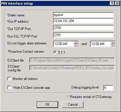 From the CT Gateway (AvayaProactive) screen (not shown), select PBX Configure from the top menu (not shown). The PBX interface setup screen below is displayed.