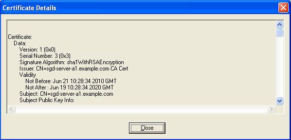 Using Java Web Start Figure 1.5 Certificate Details Dialog Box a. Check that the Validity and Subject fields are correct. b. Click Close. The Initial Connection dialog box is redisplayed. 5.