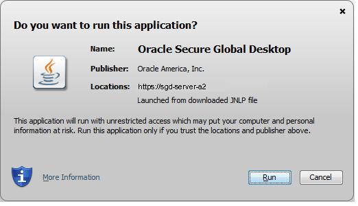 Security Warning Messages Figure 1.9 Java Technology Security Warning Dialog Box for Java Web Start Click the Run button. 7. The SGD Client icon is displayed in the task bar. See Figure 1.