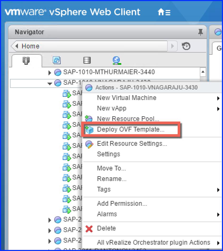 VMware Adapter for SAP Landscape Management Installation Configuration and Administration Guide for VI Administrators 3 Right Click on an object to which you wish to deploy the VMware vcenter