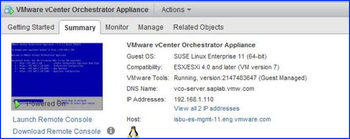 To do this: a Select the icon of the VM to which you deployed the VMware vcenter Orchestrator Appliance b c Click the Console tab in the center panel.