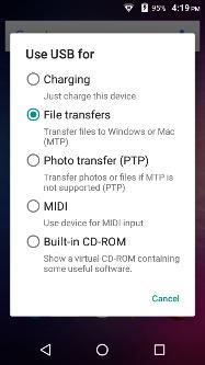 USB Connection Options: Charging Only: Charges the device only Media Device (MTP): Transfer media files Camera (PTP): Transfer photos USB Storage: USB Transfer Protocol
