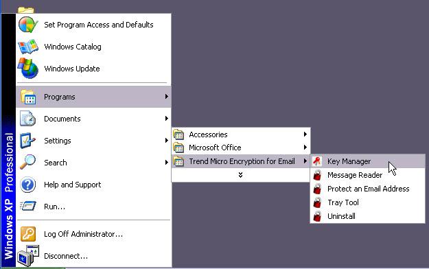 Opening Key Manager FIGURE 4-6. Accessing the Encryption for Email Key Manager The Key Manager screen appears.