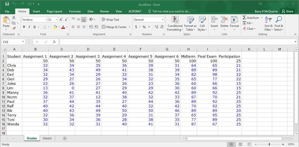 Survey of Math: Excel Spreadsheet Guide (for Excel 2016) Page 2 of 9 1 Introduction to Using Excel Spreadsheets This section of the guide is based on the file (a faux grade sheet created for messing