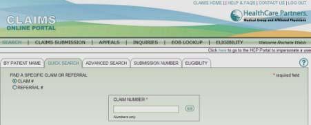 Quick Search Claims/Referrals (Select to search by Claim Number or Referral Number) 1.