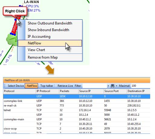 For any devices configured with NetFlow, NetBrain can display NetFlow data in a chart at the