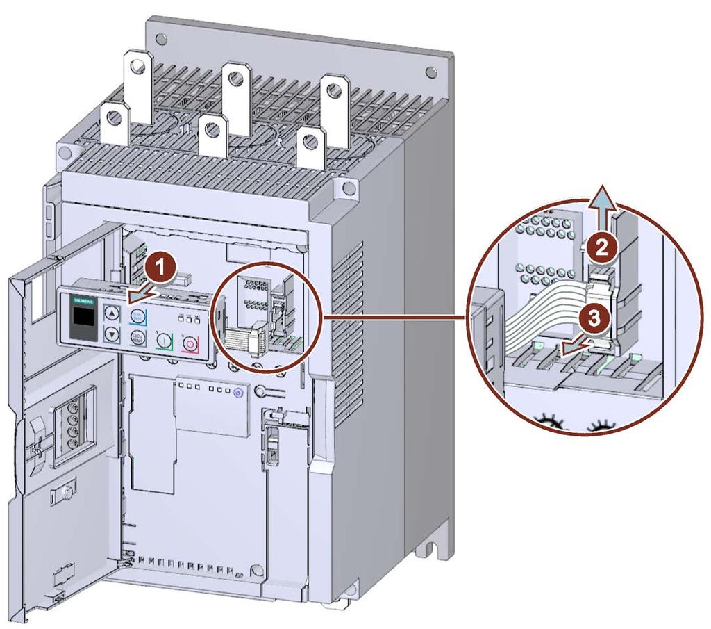 Mounting and Dismantling 3.5 Installing / mounting / removing 3RW5 HMI 3.5.2 Removing 3RW5 HMI Standard Procedure Pull the 3RW5 HMI Standard far enough out of the 3RW51 soft starter 1 to gain access to the HMI connecting cable.
