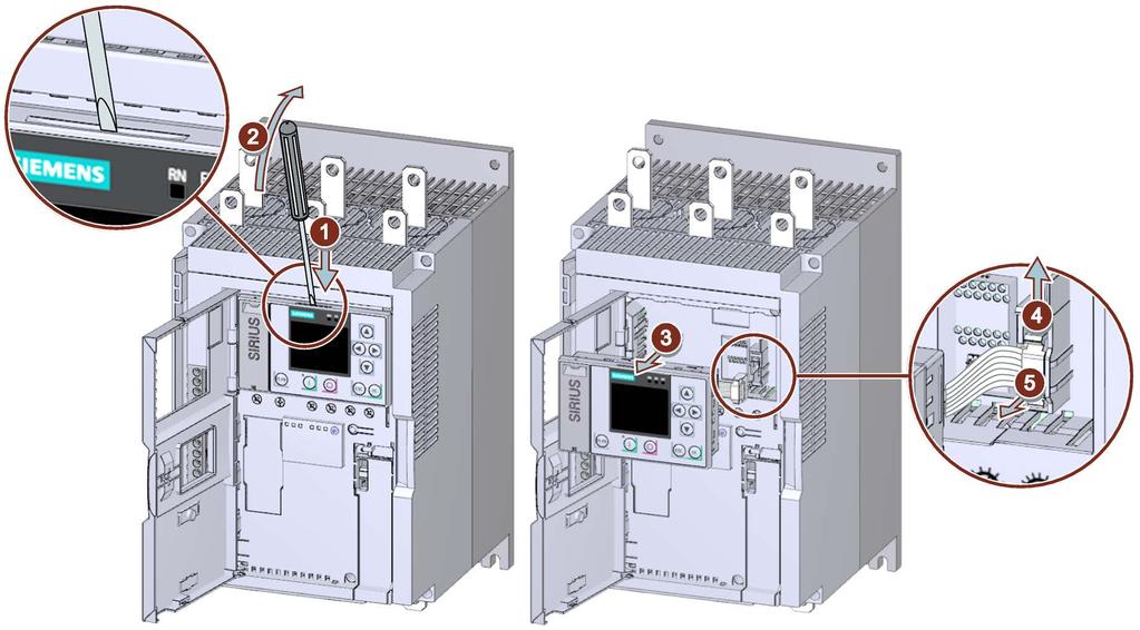 Mounting and Dismantling 3.5 Installing / mounting / removing 3RW5 HMI 3.5.4 Removing 3RW5 HMI High Feature Requirements Cross-tip screwdriver Procedure NOTICE Damage to the sealing surfaces.