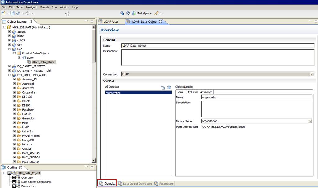Creating a Read Operation on the LDAP Data Object in the Developer Tool To use the LDAP data object to create and run a column profile, create a read operation on the LDAP data object in the