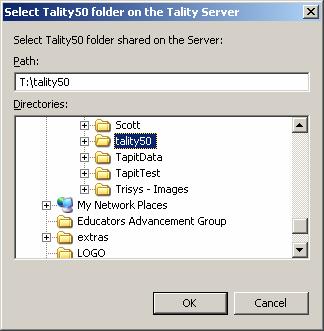 4. The Select Tality50 folder on the Tality Server screen comes up. Enter the path to the Tality50 folder residing on the Tality Server into the Path field or find it using the Directories tree.