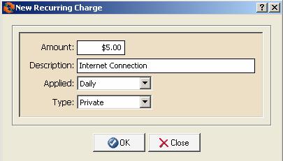 a. Click on the check box corresponding to the desired recurring charge to apply it to this guest/user. b. Click on OK. To create a new recurring charge. a. Click on the New button. b. Enter the recurring charge dollar value into the Amount field.
