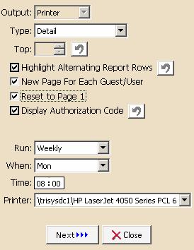 12. Select one of the available printers from the list of the printers expandable from the Printer field. Example: The scheduled report in this case is Guest/User Activity.