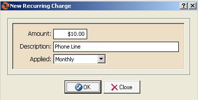 6. Select the appropriate time frame from the Applied list. 7. Click on OK 8. The new recurring charge is added to the Recurring Charges list. 9. Click on OK when finished to leave this screen.