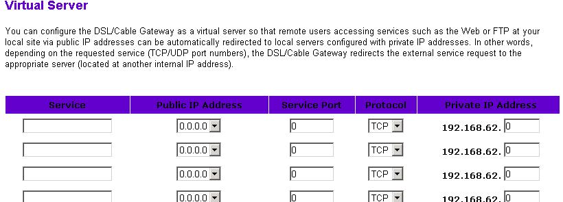 NAT - Virtual Server If you configure the Router as a virtual server, remote users who are accessing services such as Web or FTP at your local site via public IP addresses can be automatically