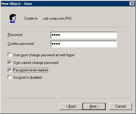 5. Select the User cannot change password and the Password never expires check boxes. 6. To create the user click Next. A Kerberos user has been created. 7.