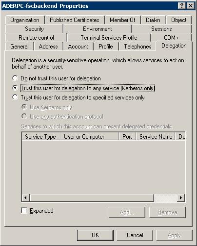 On the Delegation tab of the user s properties dialog box click Trust this user for delegation to any service (Kerberos only). 9.