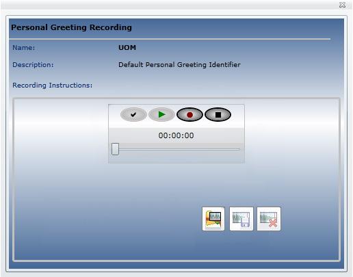 The Personal Greeting Recording window is displayed. 4. Click Record button (red round) to begin recording. 5. Speak the greeting into the phone after phone beeps.