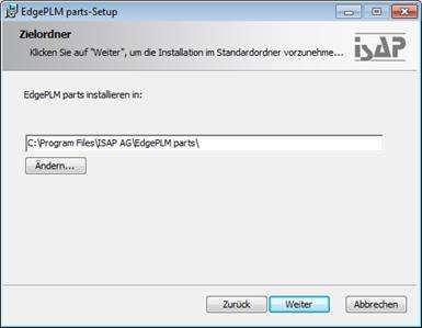 During the next step, you can change the installation destination, which is set by default to C:\Program Files\ISAP AG\EdgePLM parts\ then click