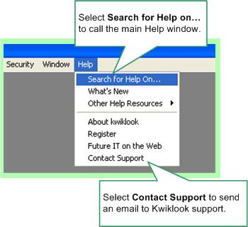 The Kwiklook Help System kwiklook is distributed with HTML (F1) Help and *.PDF format manuals. Help and Manuals are accessed via the Help menu.