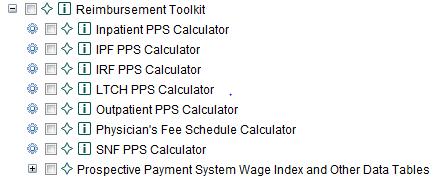 Reimbursement Toolkit is a group of workflow tools that calculate payment information for seven Medicare Prospective Payment Systems and Fee Schedules.