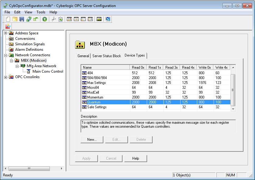 If you want to create a new device type, select the MBX (Modicon) folder under Network Connections.