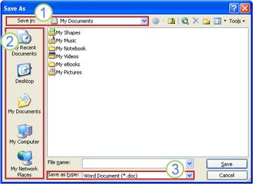 Save As dialog box in Microsoft Windows XP You can also save the file to a new location by using the Save in list or locations saved in your My Places bar. 1. To choose a folder, use the Save in list.