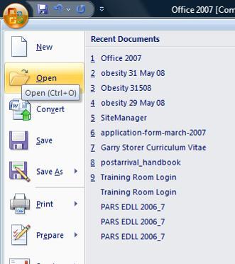 Open XP 2007 Open a file 1. Click the Microsoft Office Button, and then click Open. Important If you don't see the Microsoft Office Button, click Open on the File menu.