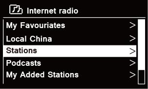 Selecting a station through Stations Stations enables you to select a station from categories: Location, Genre, Popular stations or New stations, or search stations. 1.