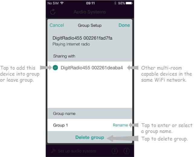 ) Tap the grey circle before device name which is under Sharing with option on Group setup screen and make it turn green to add the device to group. (Please refer to Figure 2.