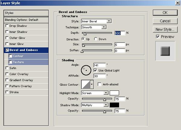 Figure 34 26. From the Menu bar select Layer > Layer Style > Bevel and Emboss. The Layer Style dialog box will open. Accept the default settings in the resulting dialog box and click OK.