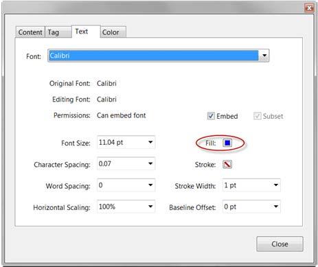 To change just the text color of a portion of a paragraph, you will want to Edit Document Text. Next, right-click with the mouse over the selected text and choose Properties.