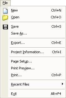 Chapter 8: Menu and Toolbar reference Menu reference File menu New Open Save Create a new project file (.csp).