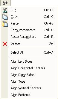 Edit menu Cut Copy Paste Copy Parameters Paste Parameters Delete Select All Delete the selected item and copy to the clipboard (standard Windows editing function).