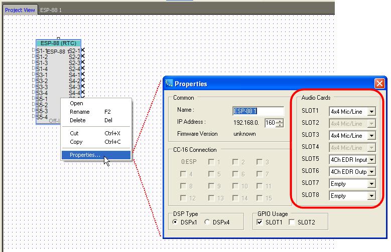 ESP-88 properties ESP-88 properties, including the input/output card configuration, can be accessed by right clicking on the ESP-88 in Project View, and choosing Properties... Figure 3.