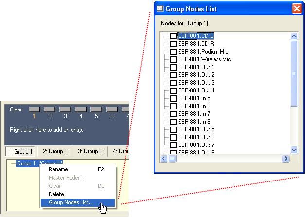 Create a group using the Group Nodes List. Right click on the group name in the Groups window, and choose Group Nodes List.
