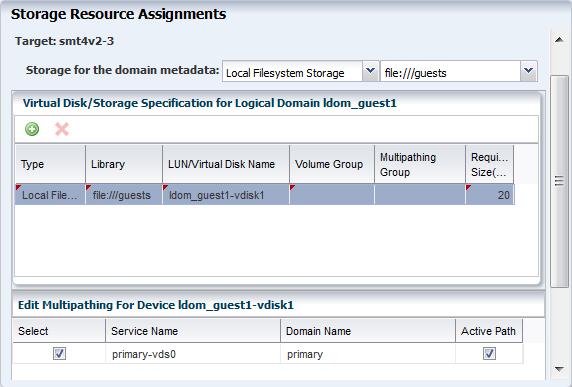 In the Storage Resource Assignments step, the storage library selected for storing guest domain metadata and for virtual disks