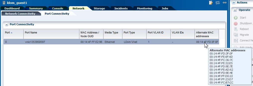The Port Connectivity sub tab in the Network tab displays the following information: Port Name MAC Address Media Type Port Type Port VLAN ID VLAN IDs