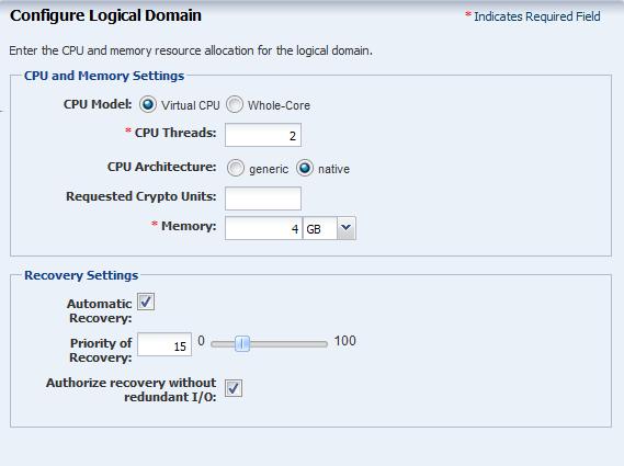 Click Next to configure the CPU Threads and memory. 6. The threads in the physical CPU of the Oracle VM Server are dedicated to the logical domains.
