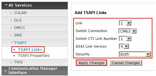 Configure the TSAPI Link using the newly configured Switch Connection, the Switch