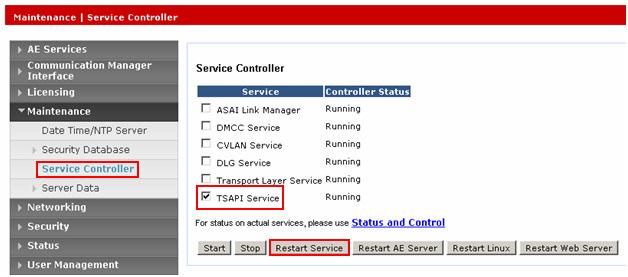 the left pane, to display the Service Controller screen in the right