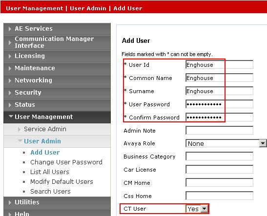 6.5. Administer Enghouse CTI User Select User Management User Admin Add User from the left pane to display the Add User screen in the right pane.