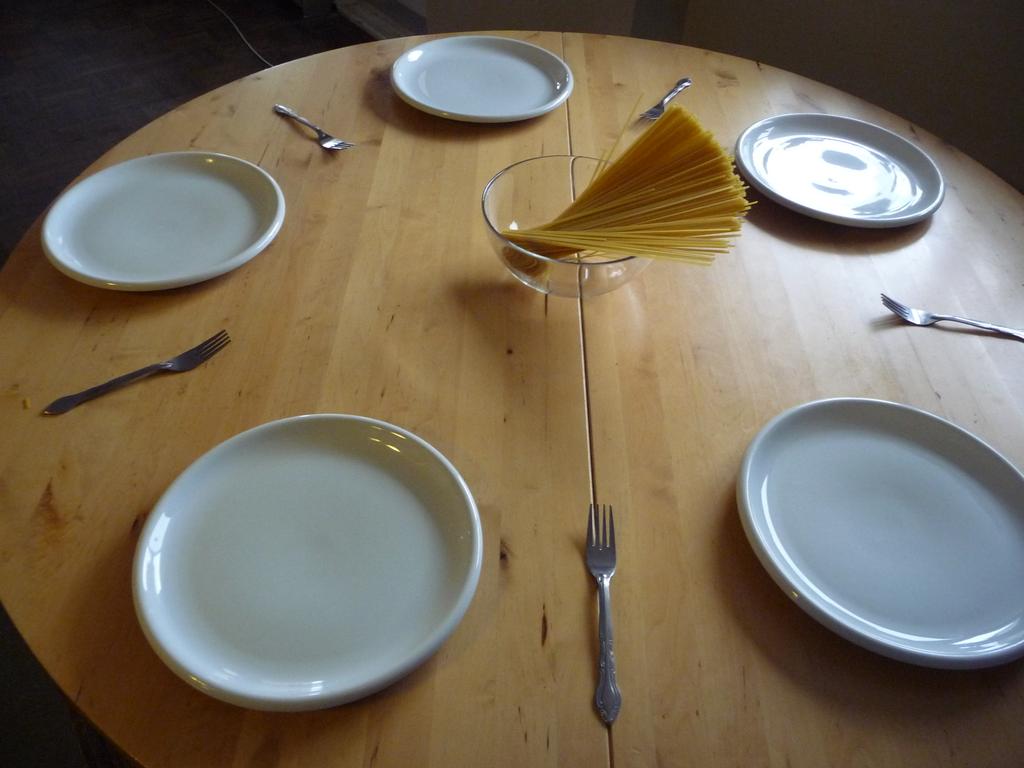 The dining philosophers problem In the dining philosophers problem, due to Dijkstra, five philosophers are seated around a round table. Each philosopher has a plate of spaghetti.