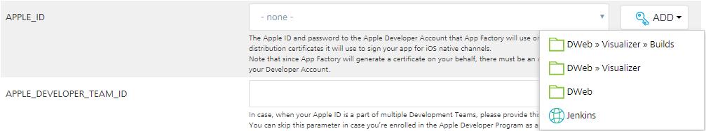 6. Working with AppFactory AppFactory User Guide 4. Click PROJECT_SOURCE_CODE_REPOSITORY_CREDENTIALS_ID drop-down list. You can find the new credentials in the drop-down list. 5.