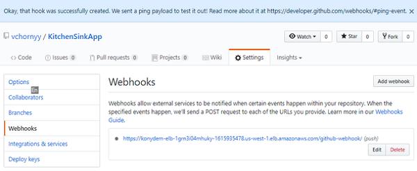 10. To update or delete a Webhook select the Edit or Delete respectively. For more details on how to configure Webhooks refer to GitHub Webhook Documentation. 4.6.