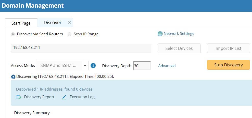 3) Click Start Discovery. Important Note: The SDN discovery only retrieves basic data of your network and builds L3 topology.