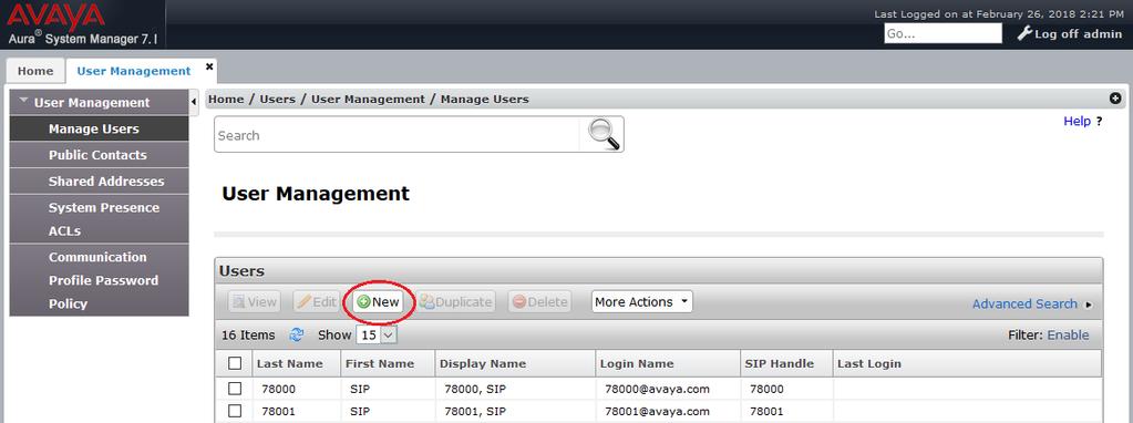 6.3. Administer SIP User In the Home screen (not shown), select Users User Management Manage Users to display the User