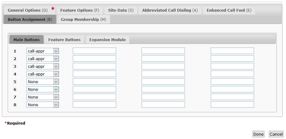 Navigate to the Button Assignments tab and configure four call appearances as shown below.