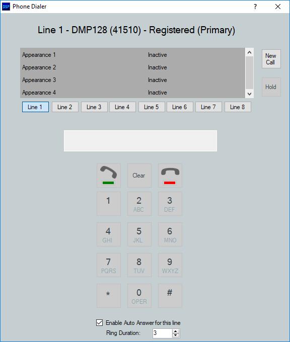Calls were originated and answered using the Phone Dialer accessible from the DSP Configurator menu (i.e., Tools Phone Dialer).